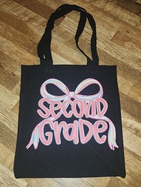 Black 'Second Grade' Graphic Tote Bag with Pink Bow.  13x15.